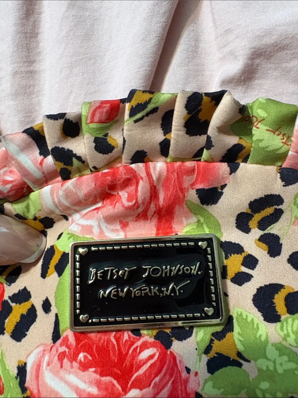Betsey Johnson Floral Rose & Leopard Ruffle Cosmetic Bag - Pink/Green/Beige